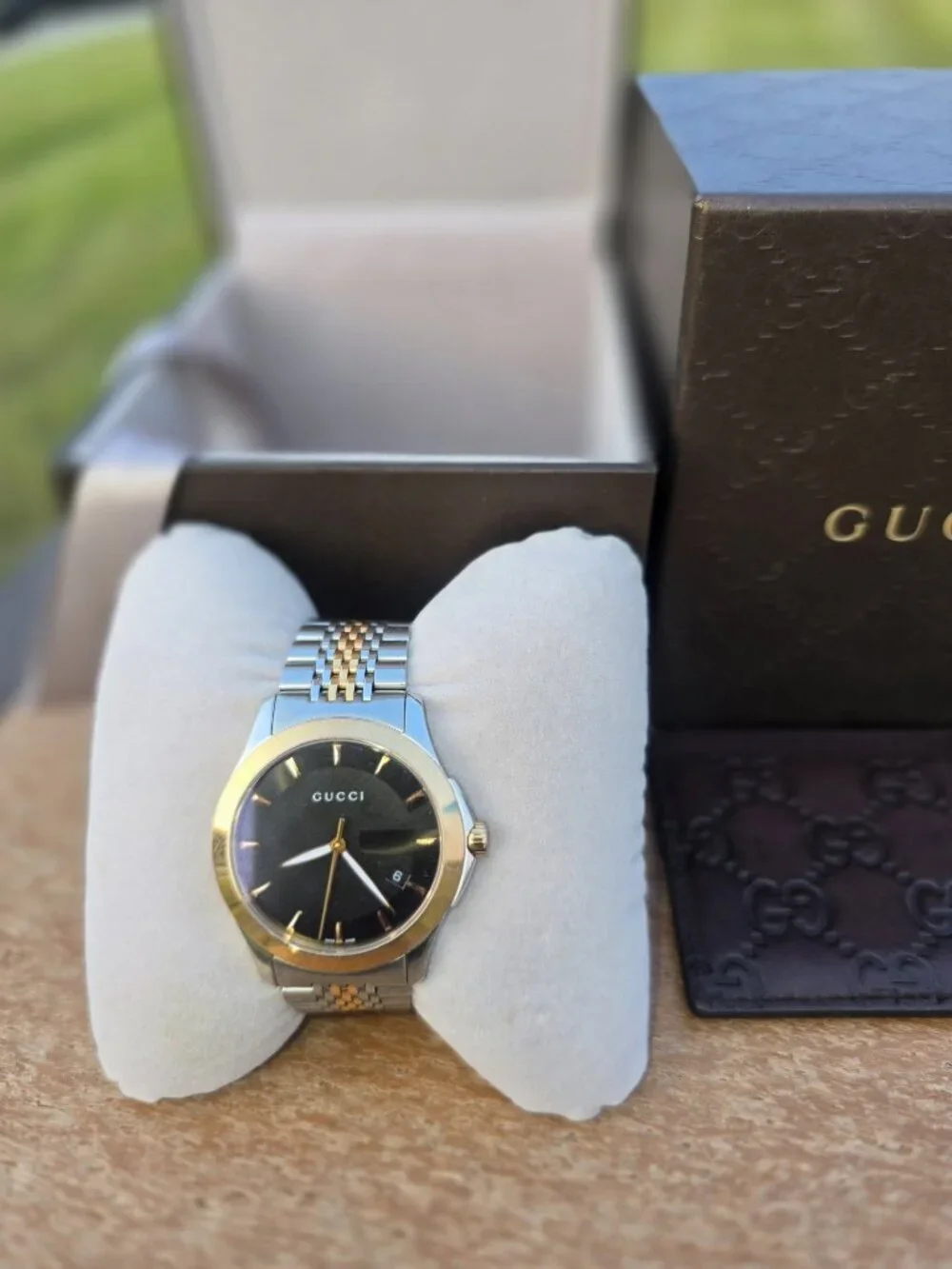 Gucci Black Two Tone Stainless Steel G-Timeless YA126410 Men's